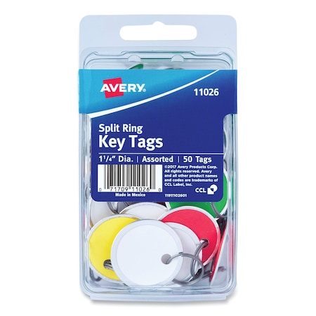 Key Tags With Split Ring, 1 1/4 Dia, Assorted Colors, PK50